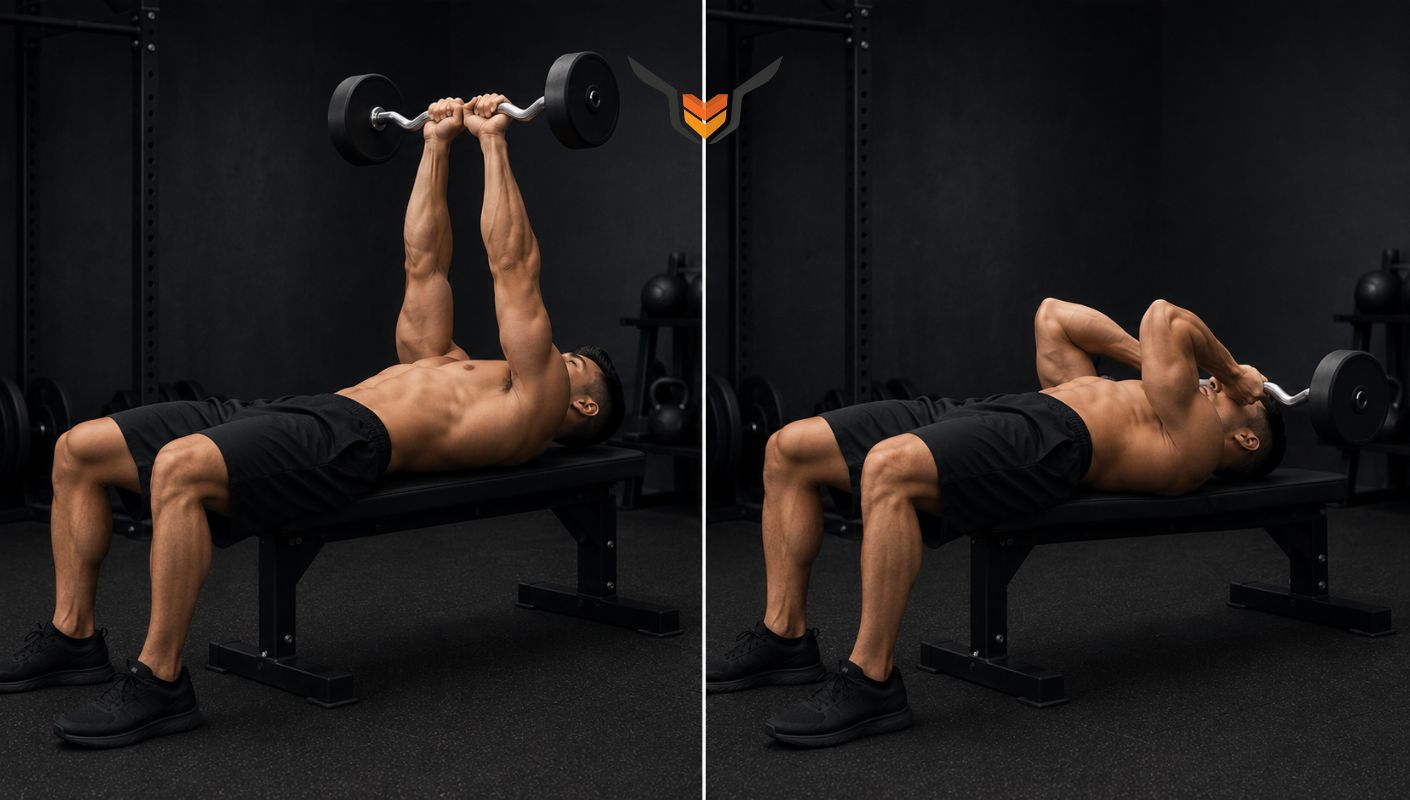 Barre au front, exercice triceps sur banc